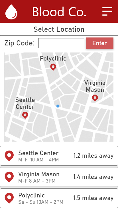 Locations page from the prototype
