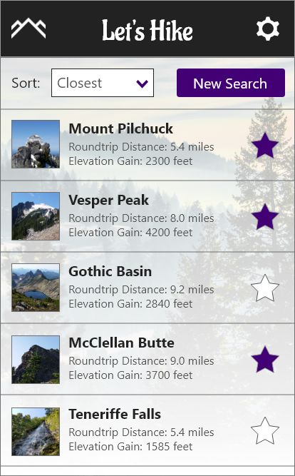 Results page from the prototype